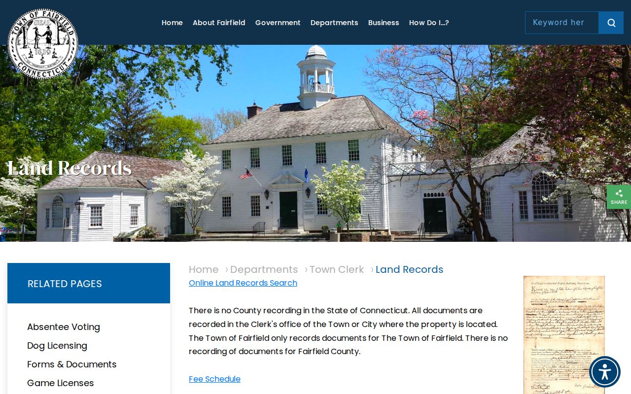 Fairfield land records page for Town Clerk indexes and recording details