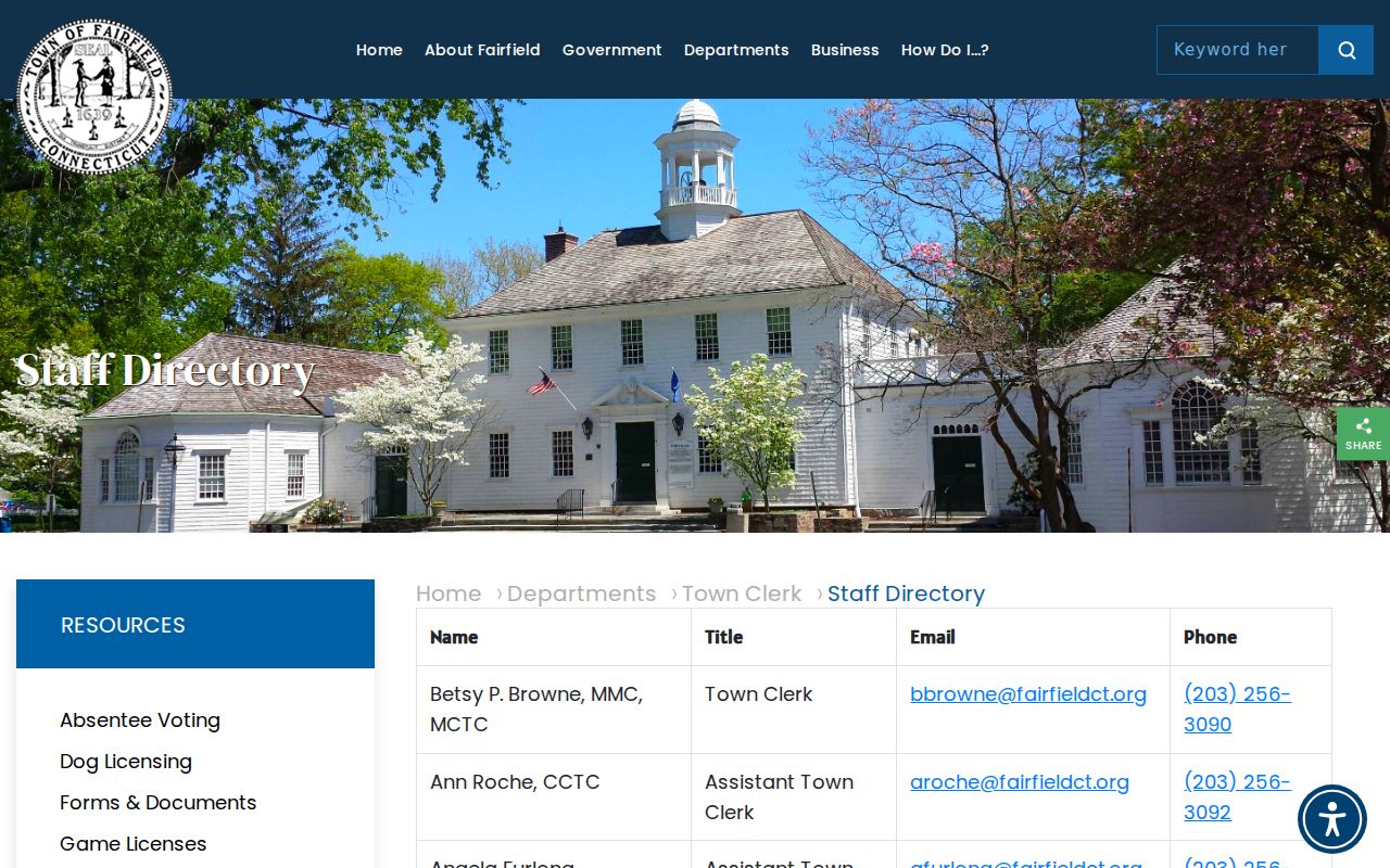 Fairfield Town Clerk staff directory with clerk and staff contacts