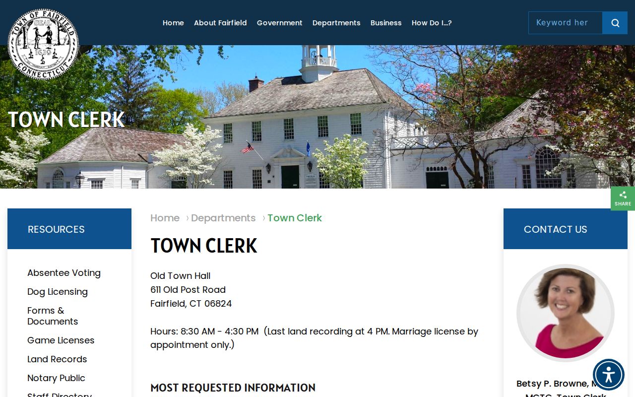 Fairfield Town Clerk office page with address and record duties