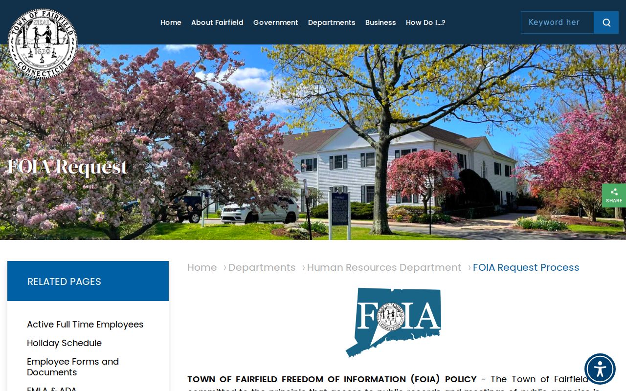 Fairfield FOIA request process page for municipal public records