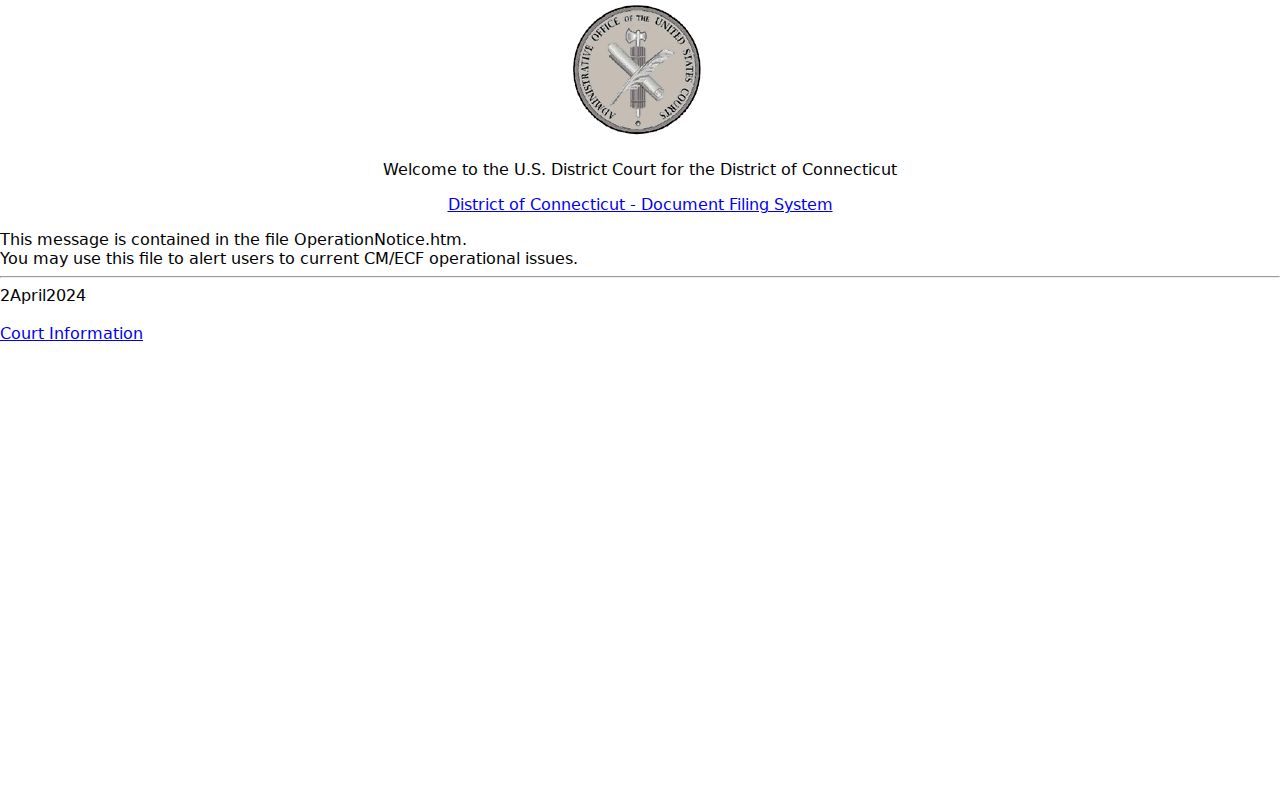 District of Connecticut CM ECF login page