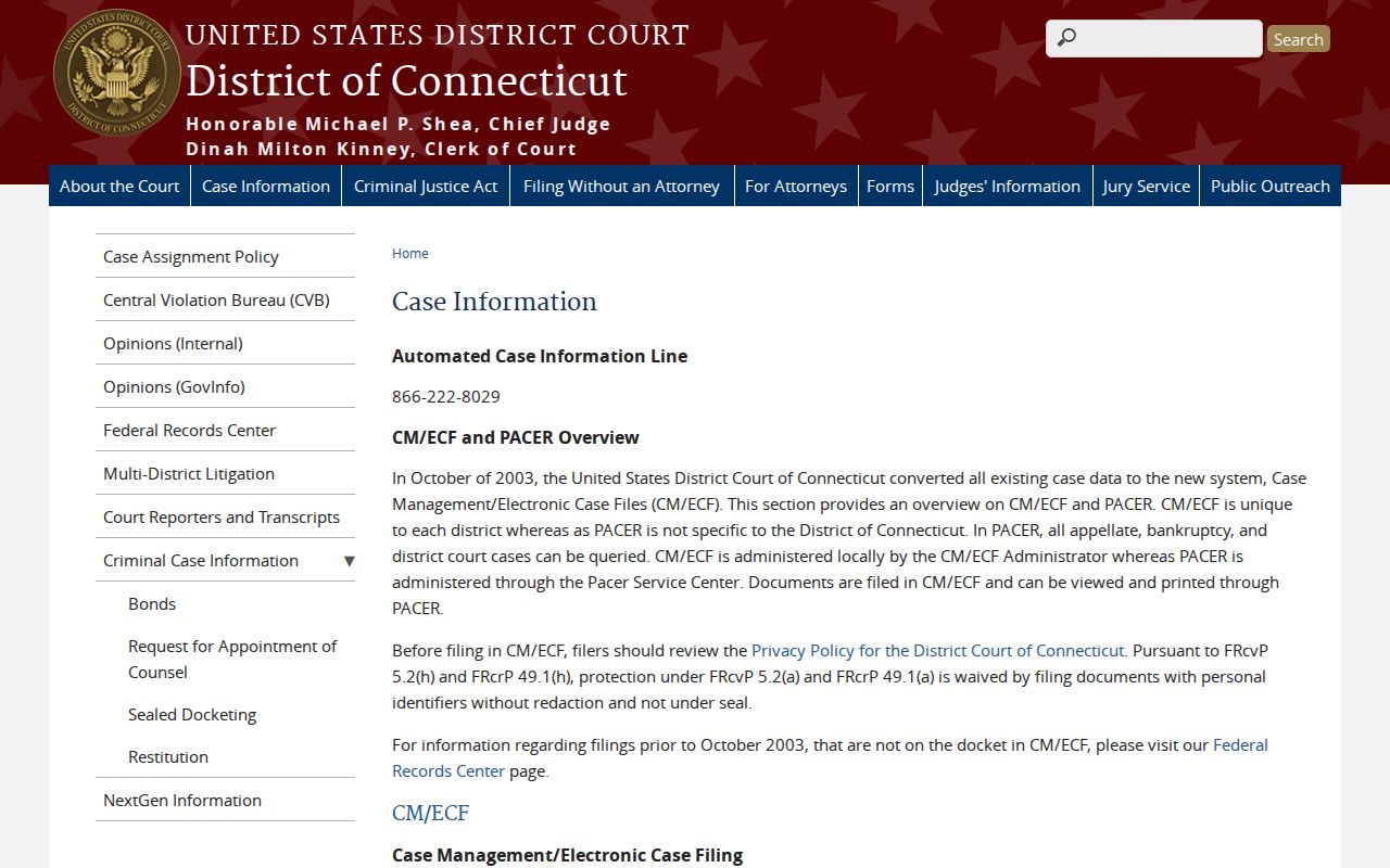District of Connecticut case information page for federal filings