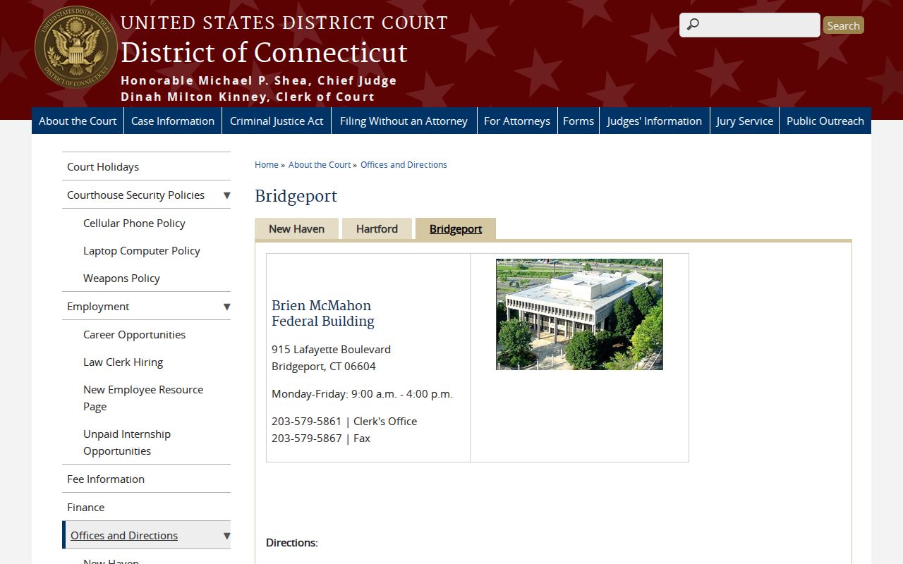 Brien McMahon Federal Building page for Bridgeport federal court