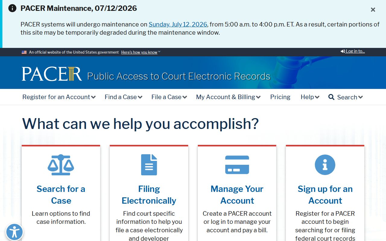 PACER federal case access page