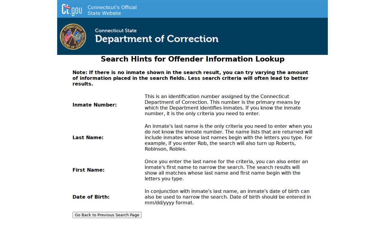 Fairfield County inmate records Connecticut DOC inmate search hints