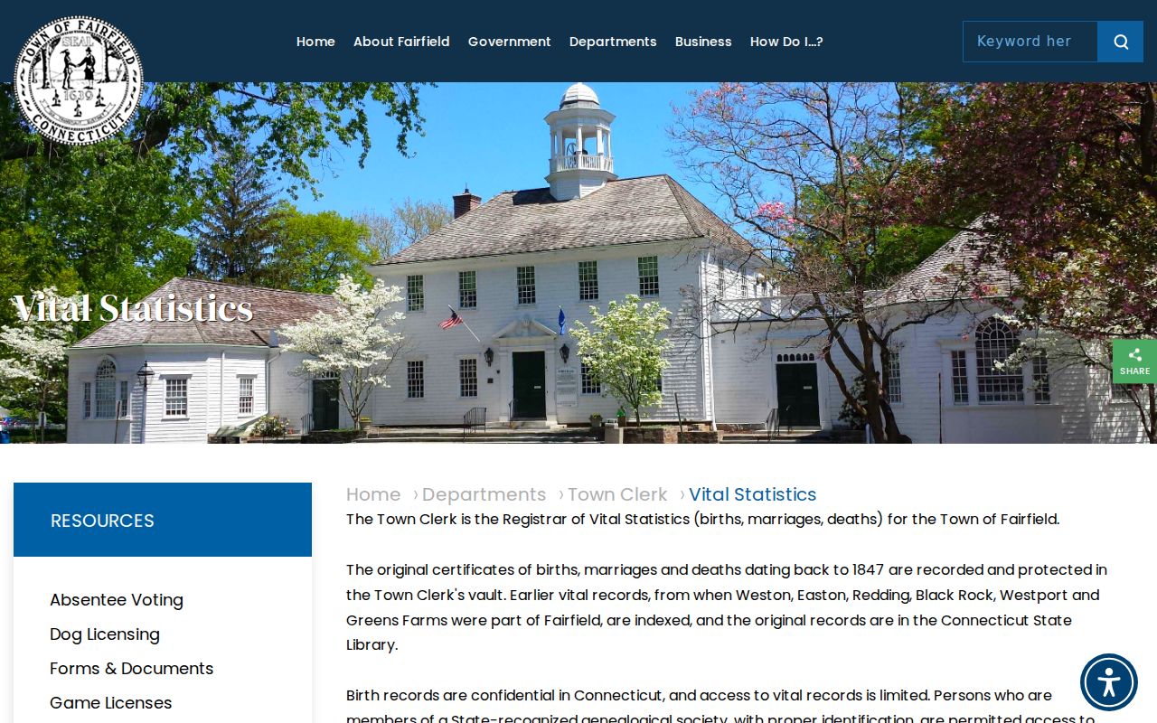 Fairfield County marriage records Fairfield vital statistics page