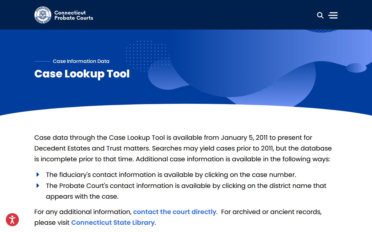Connecticut Probate Case Lookup Tool for estate and trust records