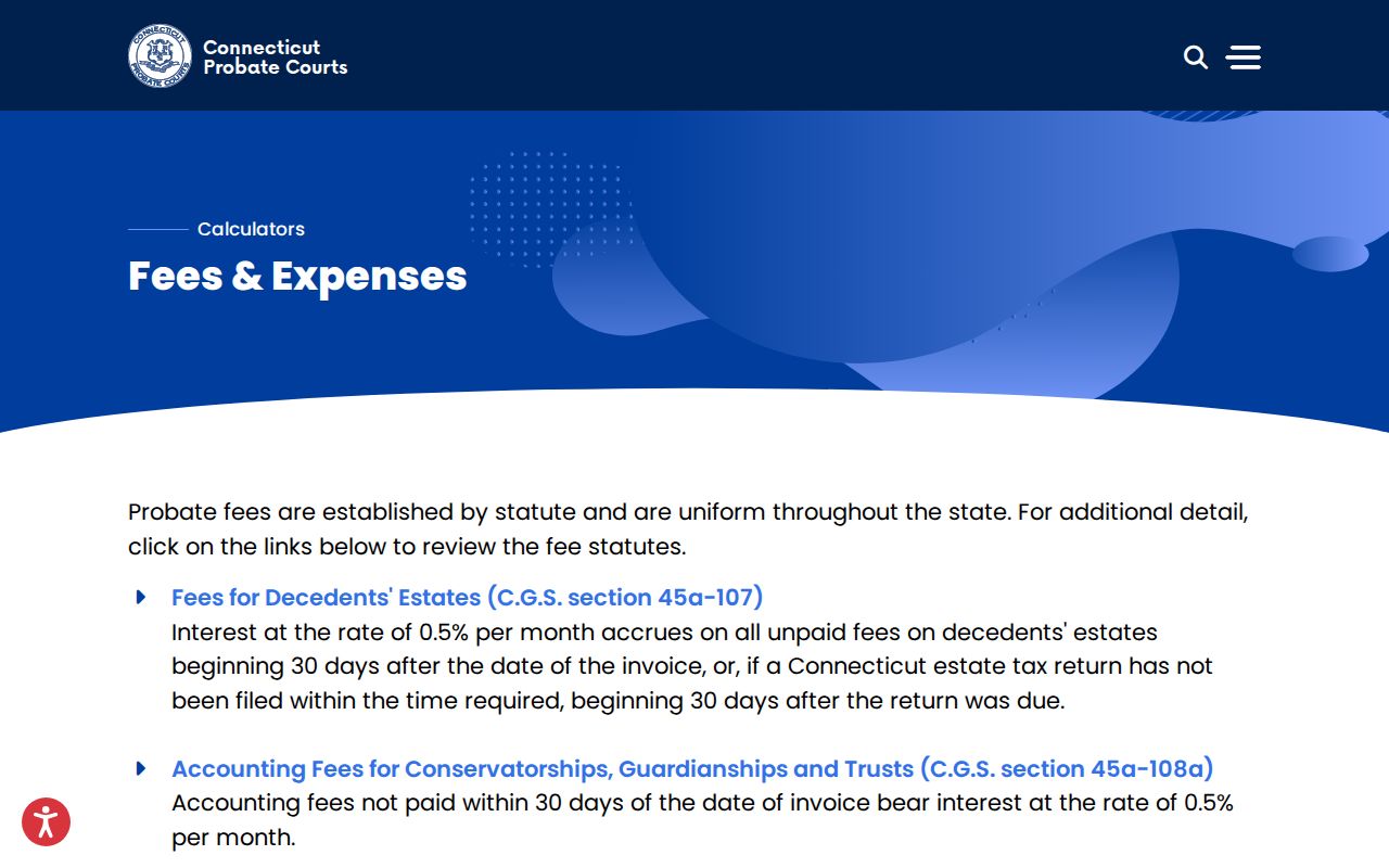 Connecticut Probate Courts fees and expense calculators