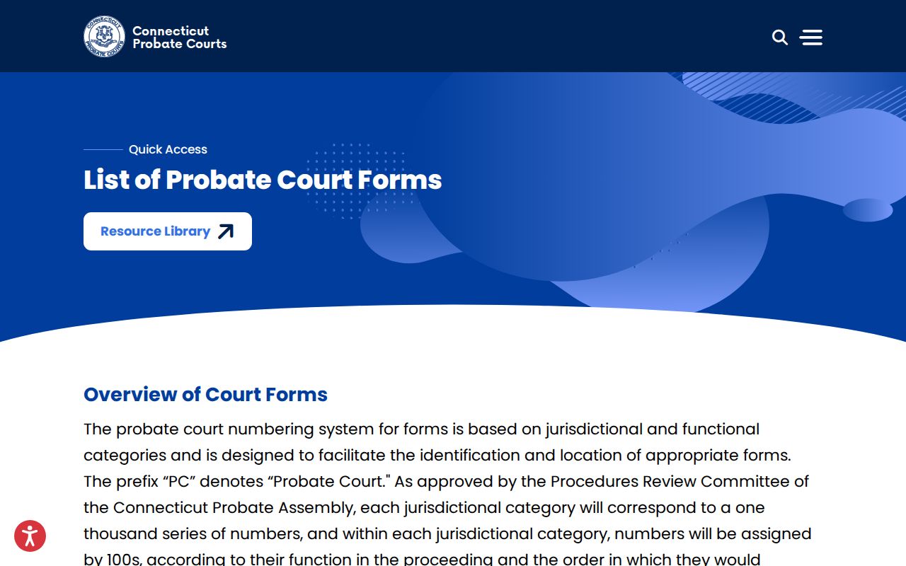 Connecticut Probate Courts forms list organized by probate matter type