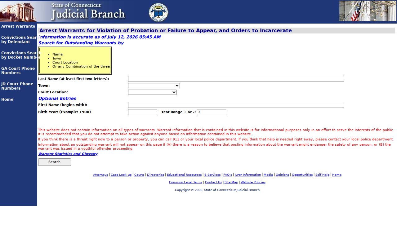 Fairfield County warrant records Connecticut Judicial Branch arrest warrant search
